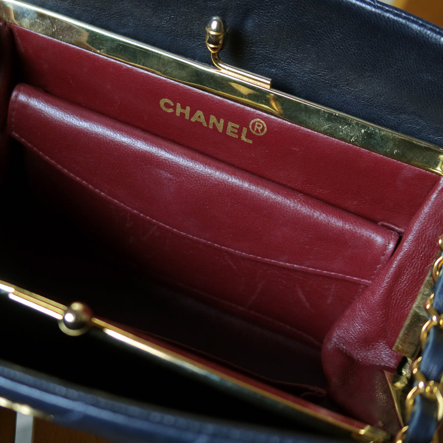 Chanel Vintage Dark Navy Lambskin Classic Chevron Quilted Kiss Lock 2way Bag