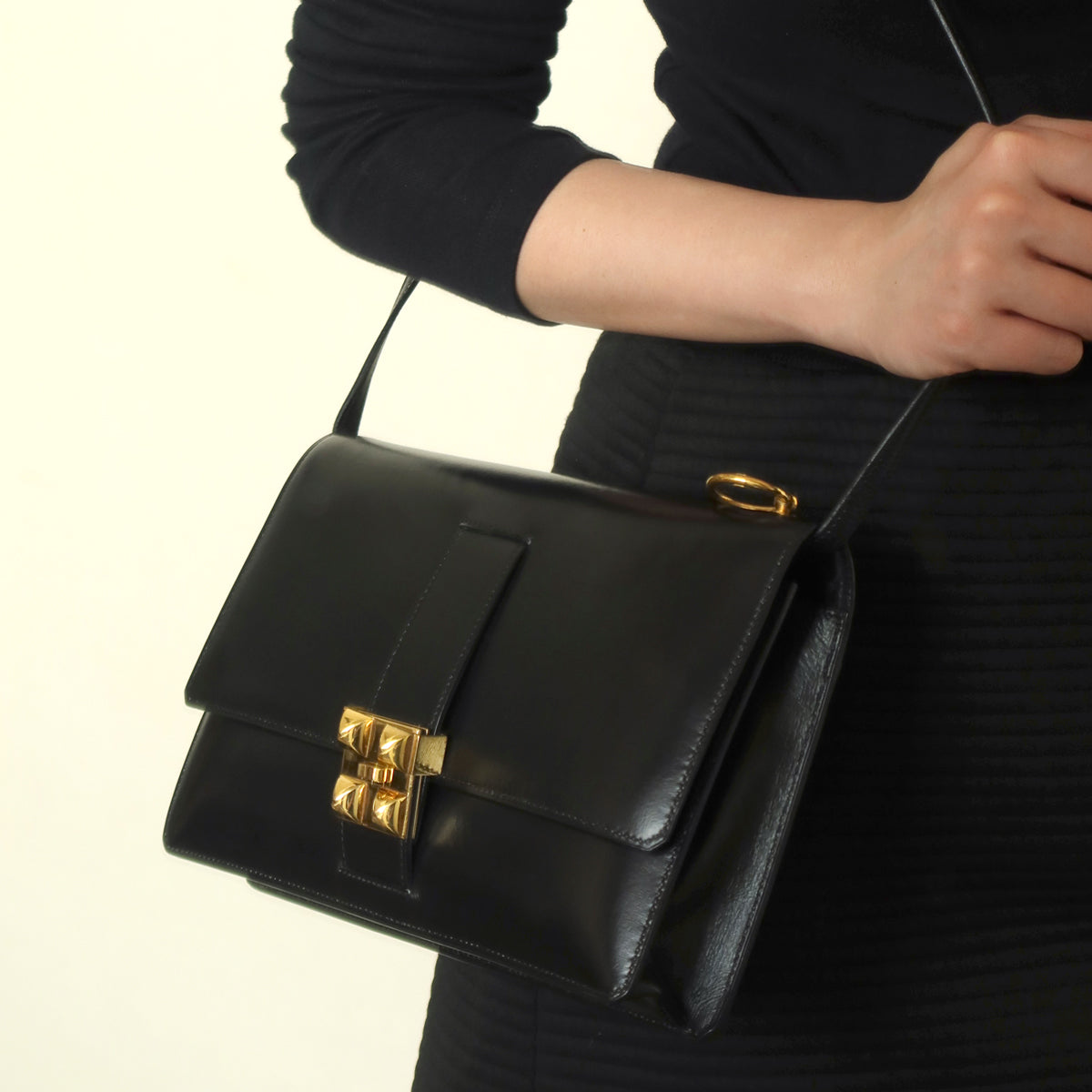 Vintage Hermès 1982 Black Médor Clutch Shoulder 2way Flap Bag
