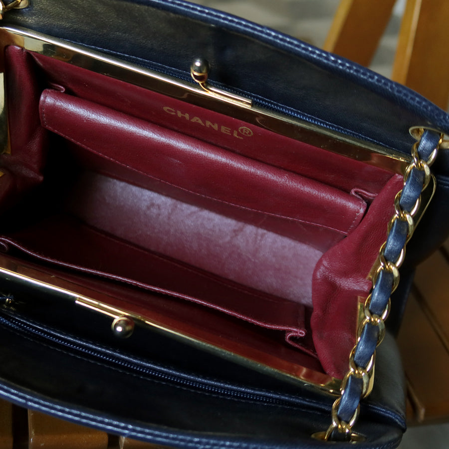 Chanel Vintage Dark Navy Lambskin Classic Chevron Quilted Kiss Lock 2way Bag