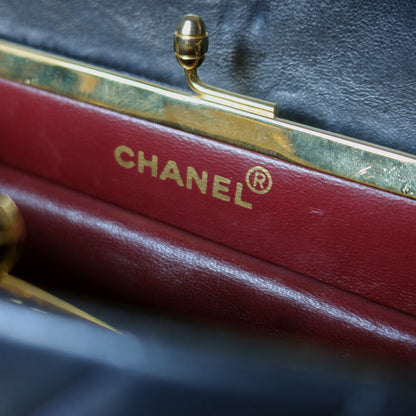 Chanel Vintage Dark Navy Lambskin Classic Chevron Quilted Kiss Lock 2way Bag