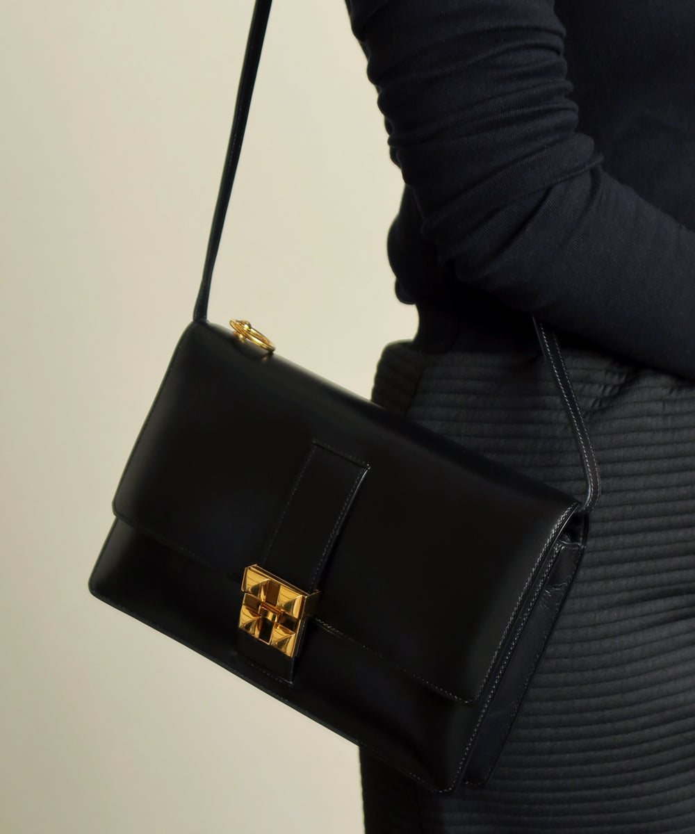 Vintage Hermès 1982 Black Médor Clutch Shoulder 2way Flap Bag