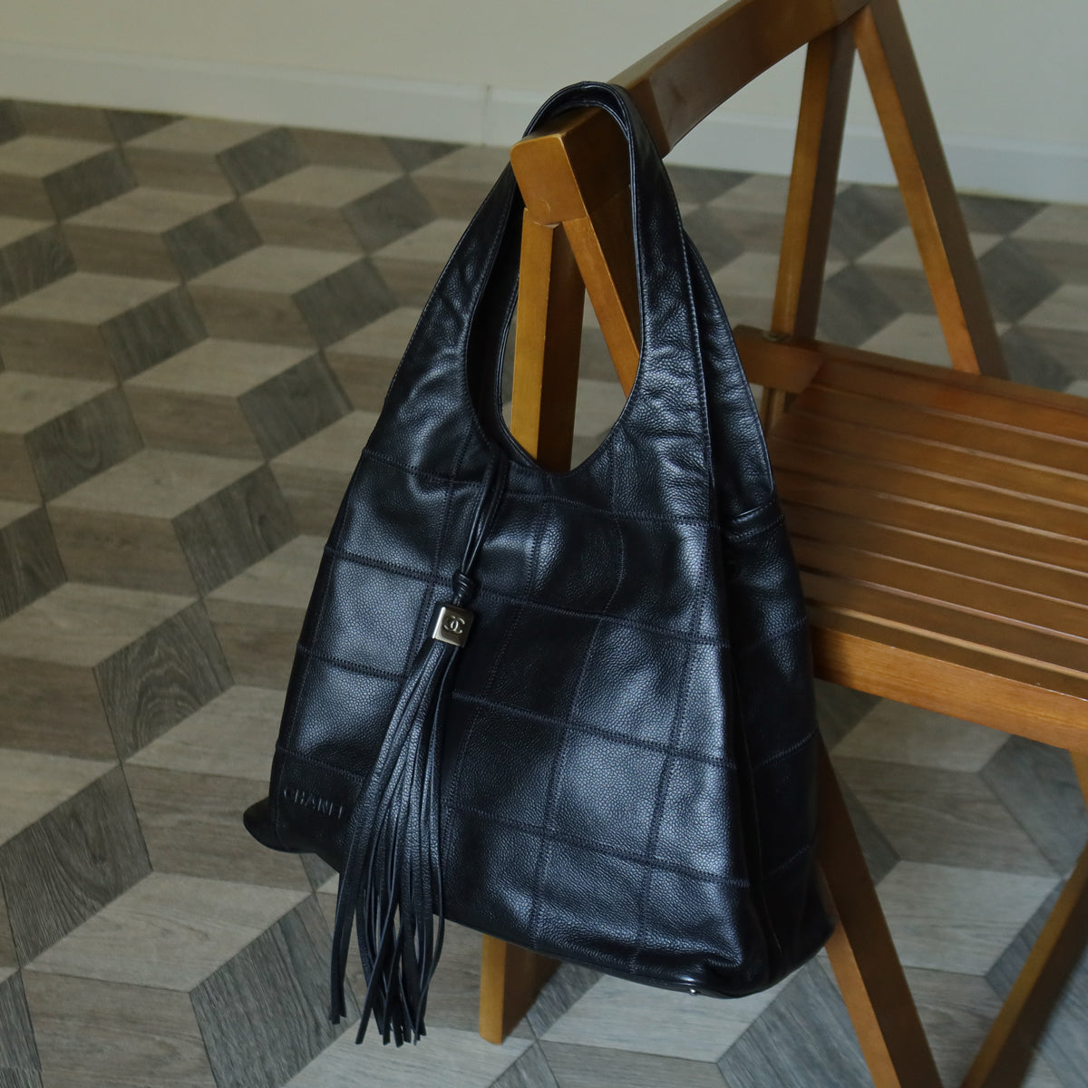 Chanel Vintage Black Chocolate Bar Stitching Calf leather CC Tassel Hobo Tote Bag
