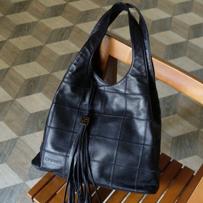 Chanel Vintage Black Chocolate Bar Stitching Calf leather CC Tassel Hobo Tote Bag