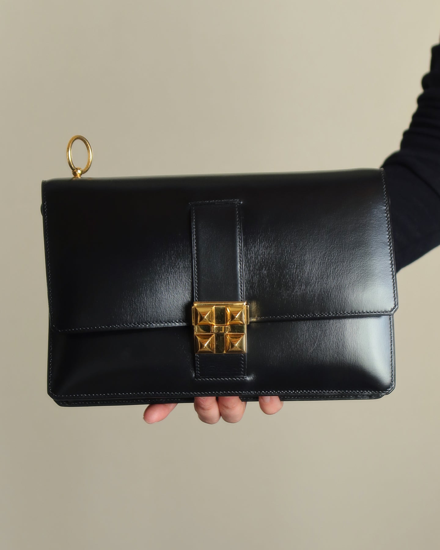 Vintage Hermès 1982 Black Médor Clutch Shoulder 2way Flap Bag