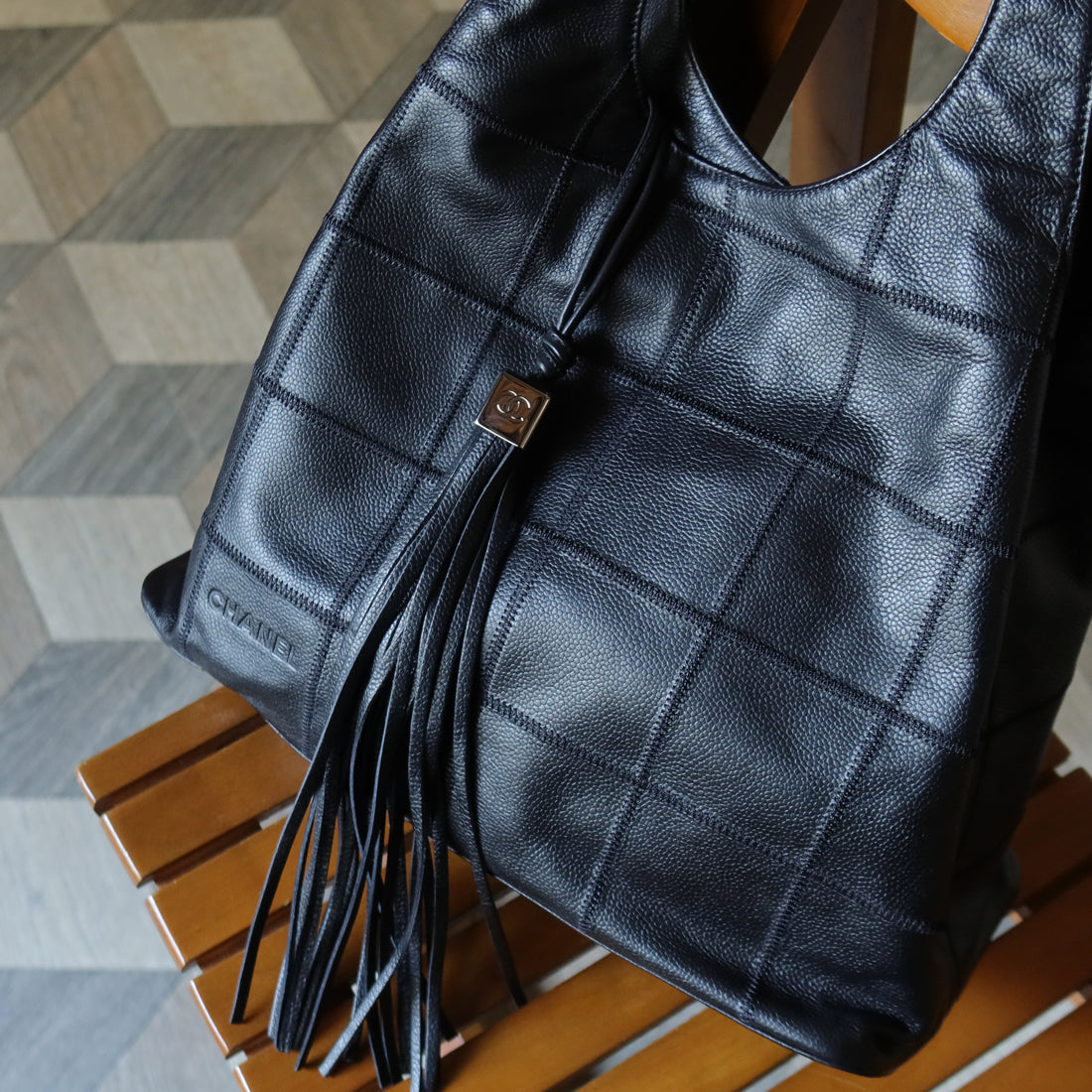 Chanel Vintage Black Chocolate Bar Stitching Calf leather CC Tassel Hobo Tote Bag