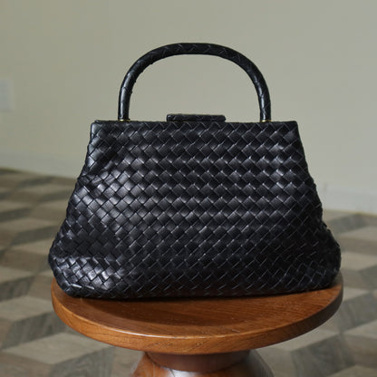 Bottega Veneta Vintage Black Leatherr Intrecciato Kiss Lock Top Handle Bag