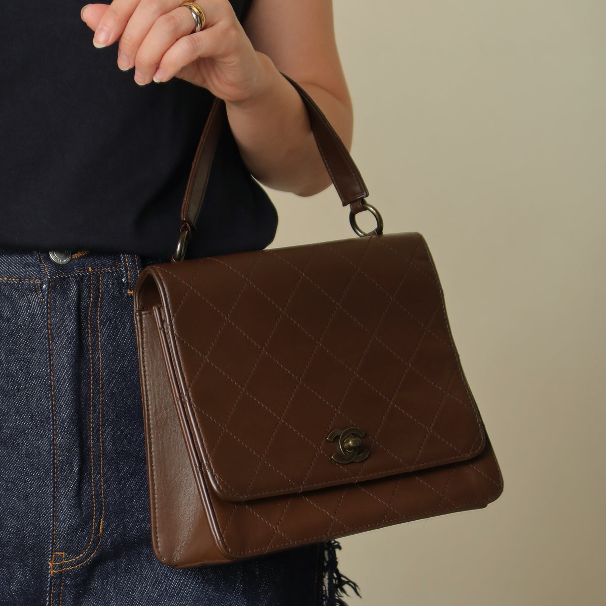 Rare Chanel Vintage Brown Matelasse CC Turn lock Bag