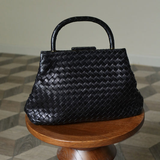 Bottega Veneta Vintage Black Leatherr Intrecciato Kiss Lock Top Handle Bag