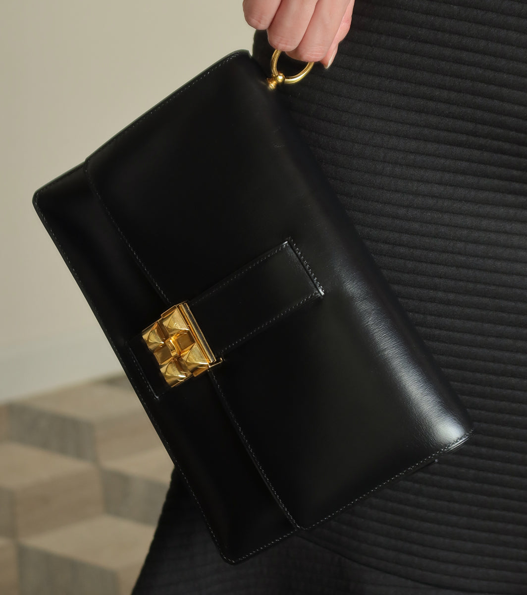 Vintage Hermès 1982 Black Médor Clutch Shoulder 2way Flap Bag