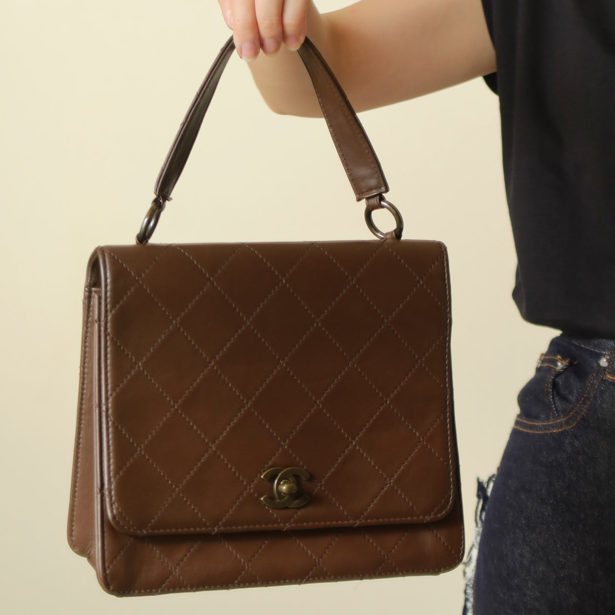 Rare Chanel Vintage Brown Matelasse CC Turn lock Bag