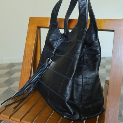 Chanel Vintage Black Chocolate Bar Stitching Calf leather CC Tassel Hobo Tote Bag