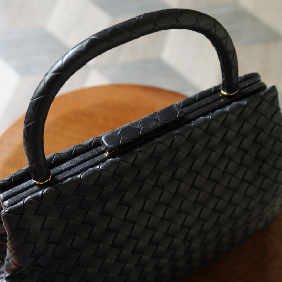 Bottega Veneta Vintage Black Leather Intrecciato Kiss Lock Top Handle Bag