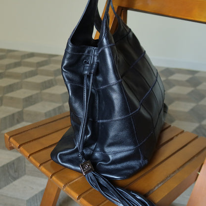 Chanel Vintage Black Chocolate Bar Stitching Calf leather CC Tassel Hobo Tote Bag