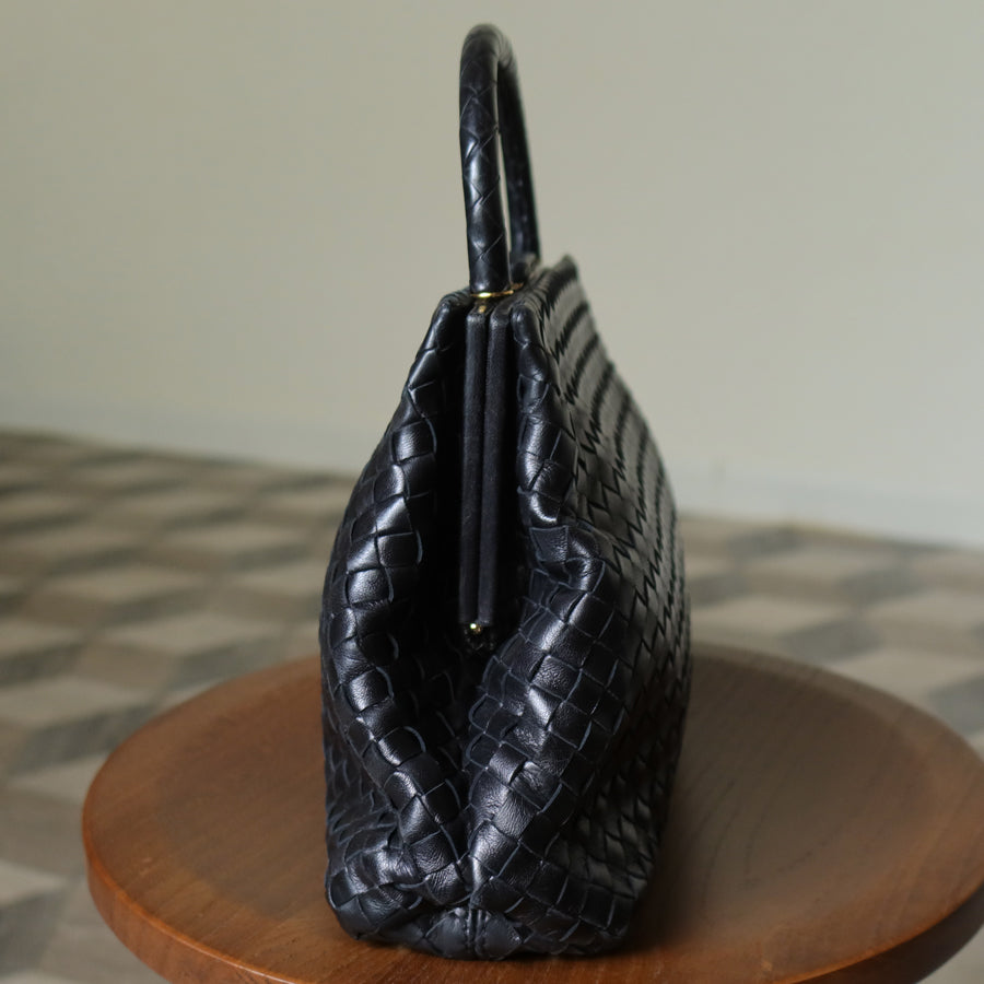 Bottega Veneta Vintage Black Leatherr Intrecciato Kiss Lock Top Handle Bag