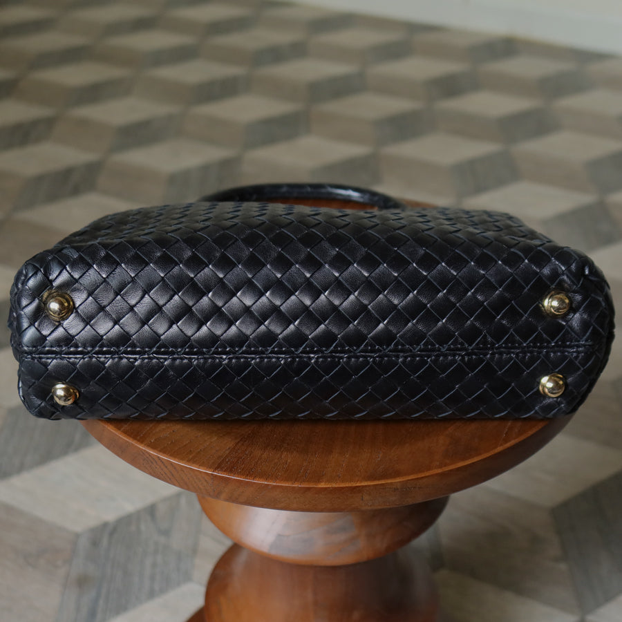 Bottega Veneta Vintage Black Leather Intrecciato Kiss Lock Top Handle Bag