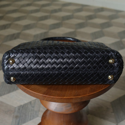 Bottega Veneta Vintage Black Leather Intrecciato Kiss Lock Top Handle Bag
