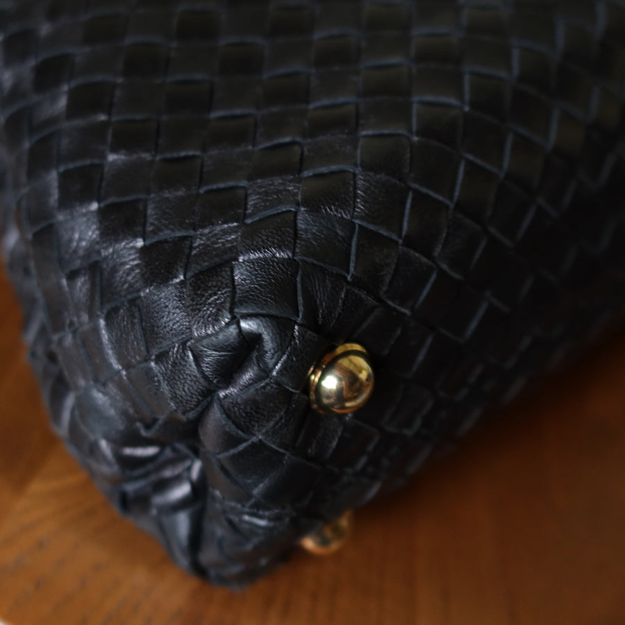 Bottega Veneta Vintage Black Leather Intrecciato Kiss Lock Top Handle Bag