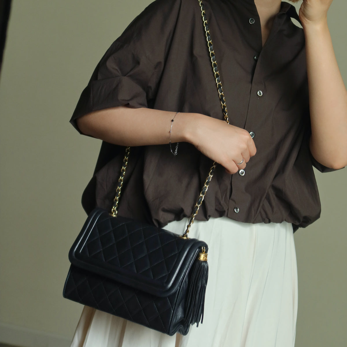 Chanel Vintage Black Lambskin Leather CC Tassel Double Rims Shoulder Flap Bag