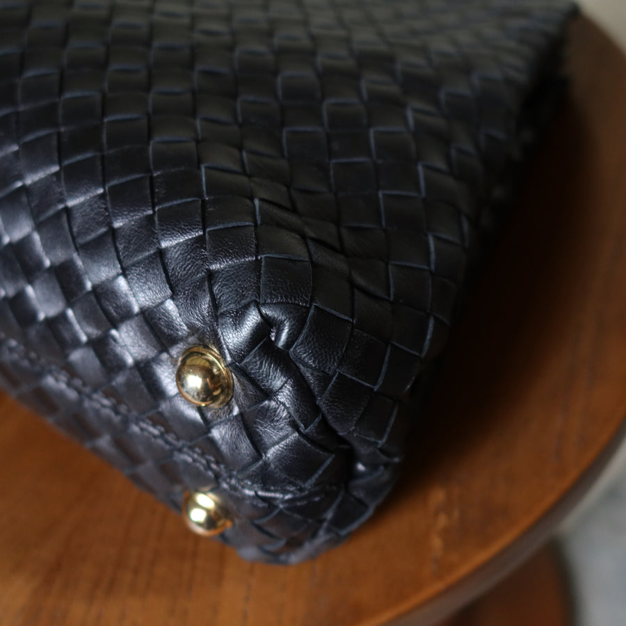 Bottega Veneta Vintage Black Leather Intrecciato Kiss Lock Top Handle Bag