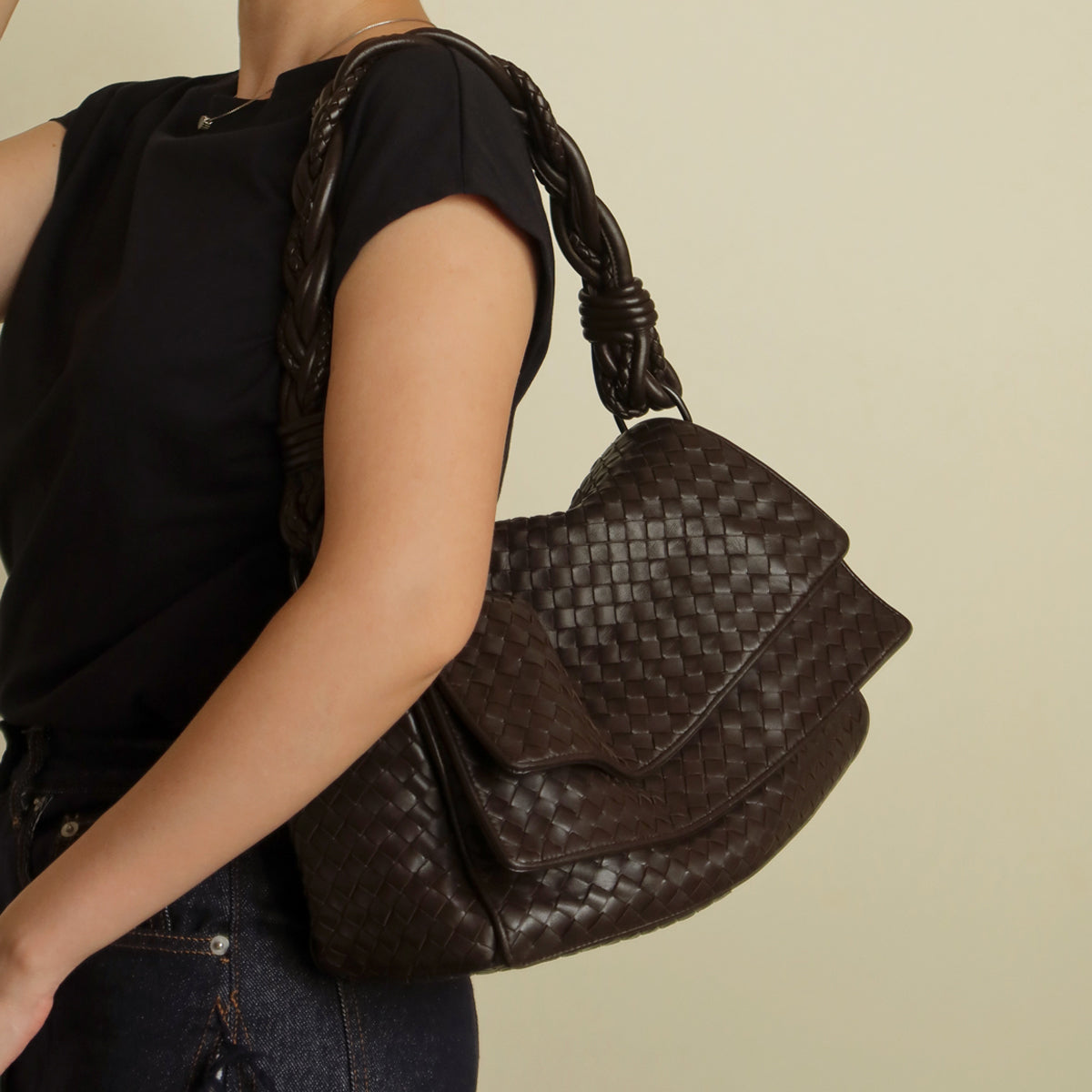 Bottega Veneta Vintage Dark Brown Intrecciato Double Flap Shoulder Bag
