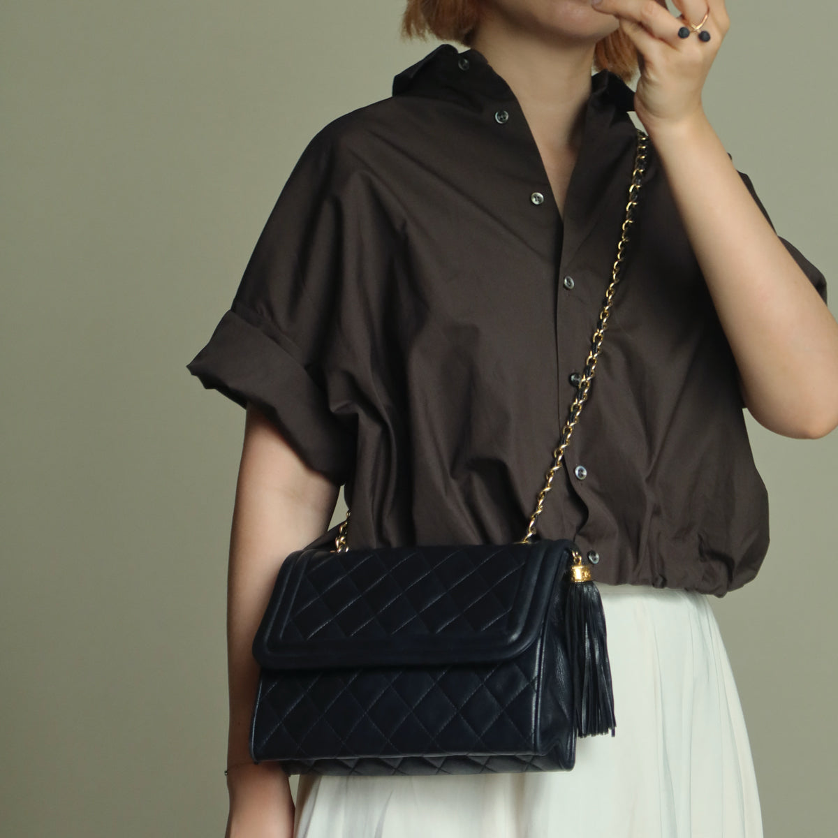 Chanel Vintage Black Lambskin Leather CC Tassel Double Rims Shoulder Flap Bag