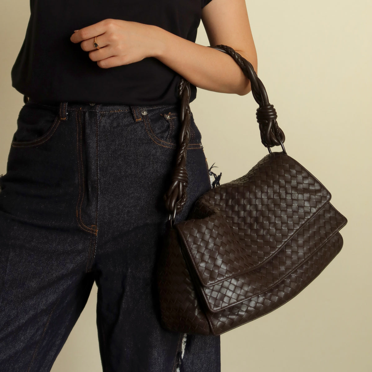 Bottega Veneta Vintage Dark Brown Intrecciato Double Flap Shoulder Bag
