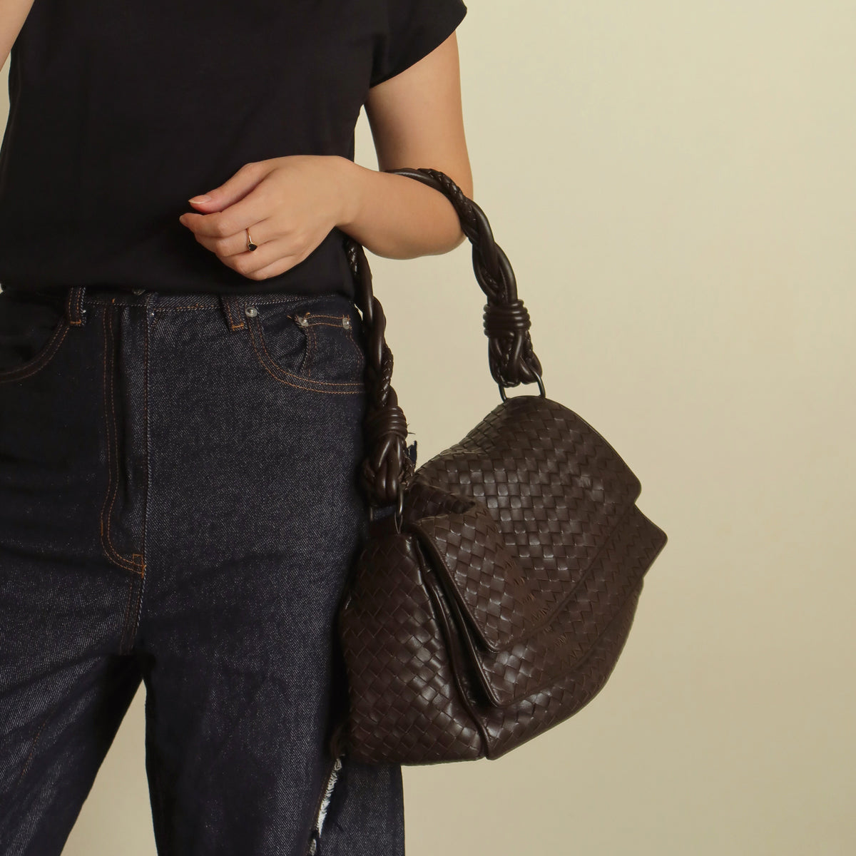 Bottega Veneta Vintage Dark Brown Intrecciato Double Flap Shoulder Bag