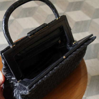 Bottega Veneta Vintage Black Leather Intrecciato Kiss Lock Top Handle Bag