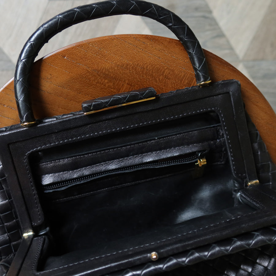 Bottega Veneta Vintage Black Leather Intrecciato Kiss Lock Top Handle Bag