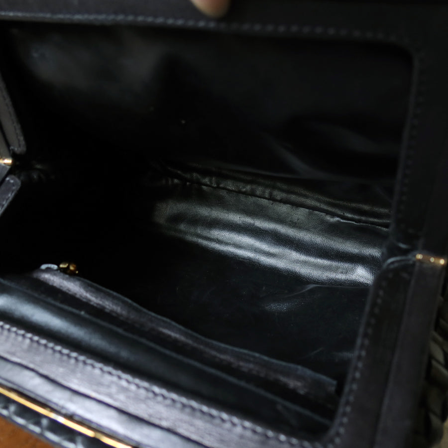 Bottega Veneta Vintage Black Leather Intrecciato Kiss Lock Top Handle Bag