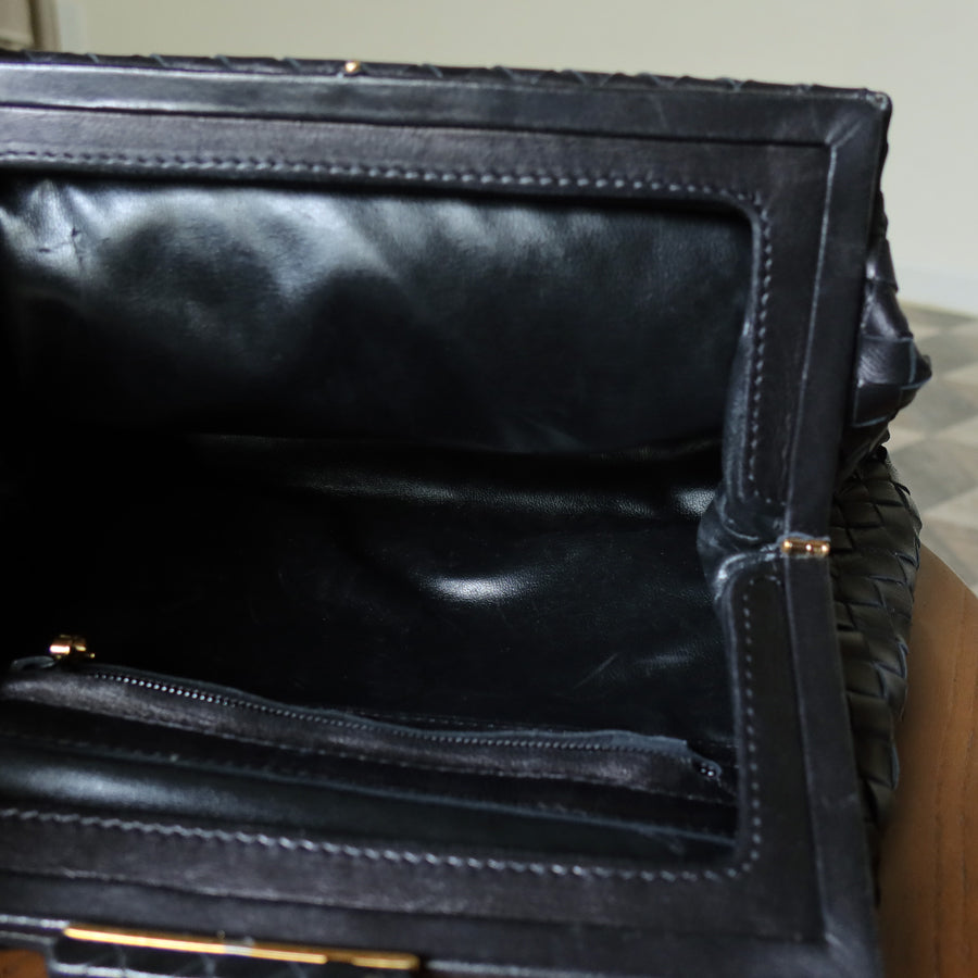 Bottega Veneta Vintage Black Leather Intrecciato Kiss Lock Top Handle Bag