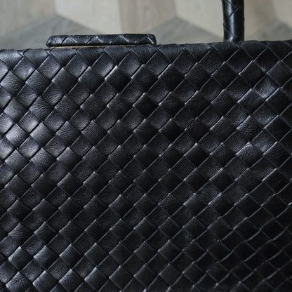 Bottega Veneta Vintage Black Leather Intrecciato Kiss Lock Top Handle Bag
