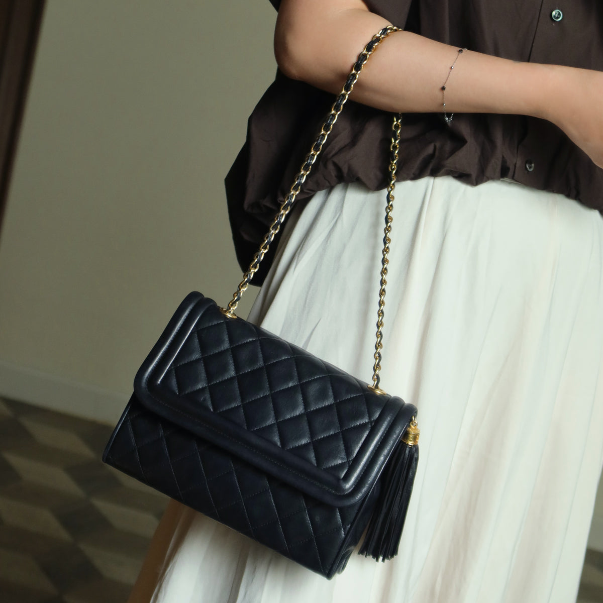 Chanel Vintage Black Lambskin Leather CC Tassel Double Rims Shoulder Flap Bag