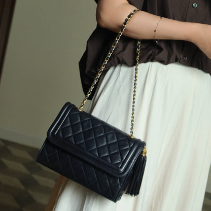 Chanel Vintage Black Lambskin Leather CC Tassel Double Rims Shoulder Flap Bag