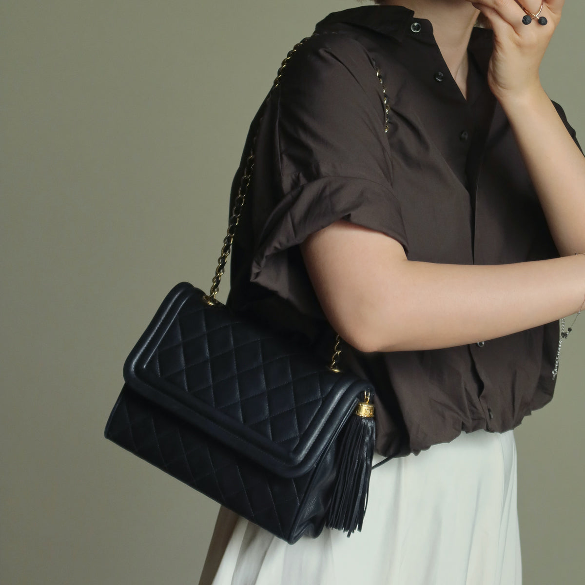 Chanel Vintage Black Lambskin Leather CC Tassel Double Rims Shoulder Flap Bag