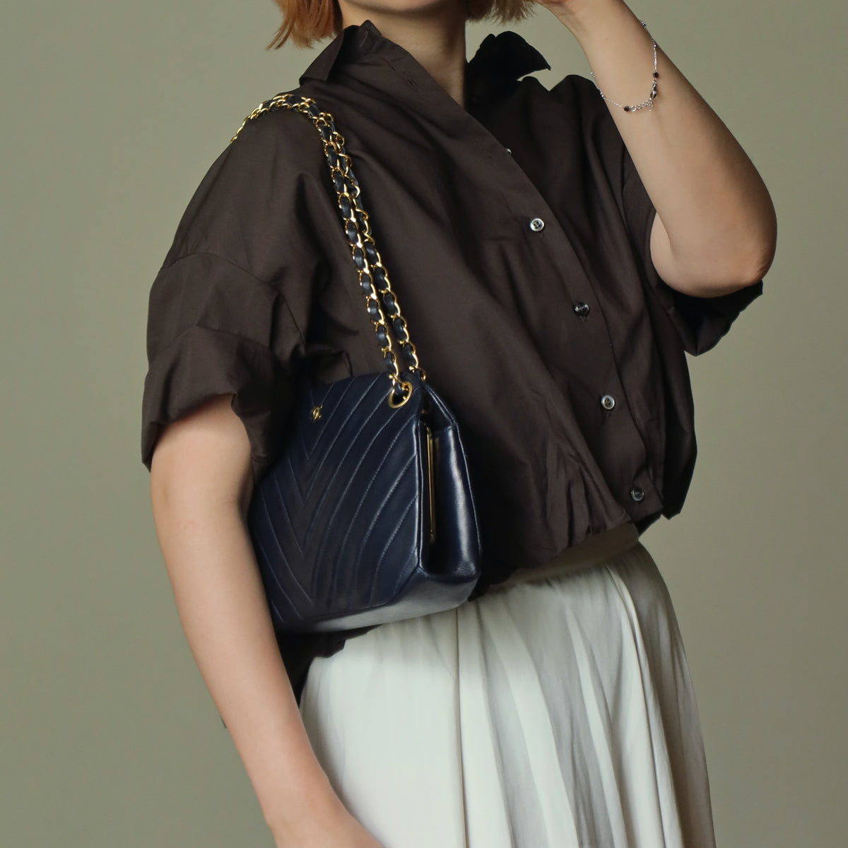 Chanel Vintage Dark Navy Lambskin Classic Chevron Quilted Kiss Lock 2way Bag