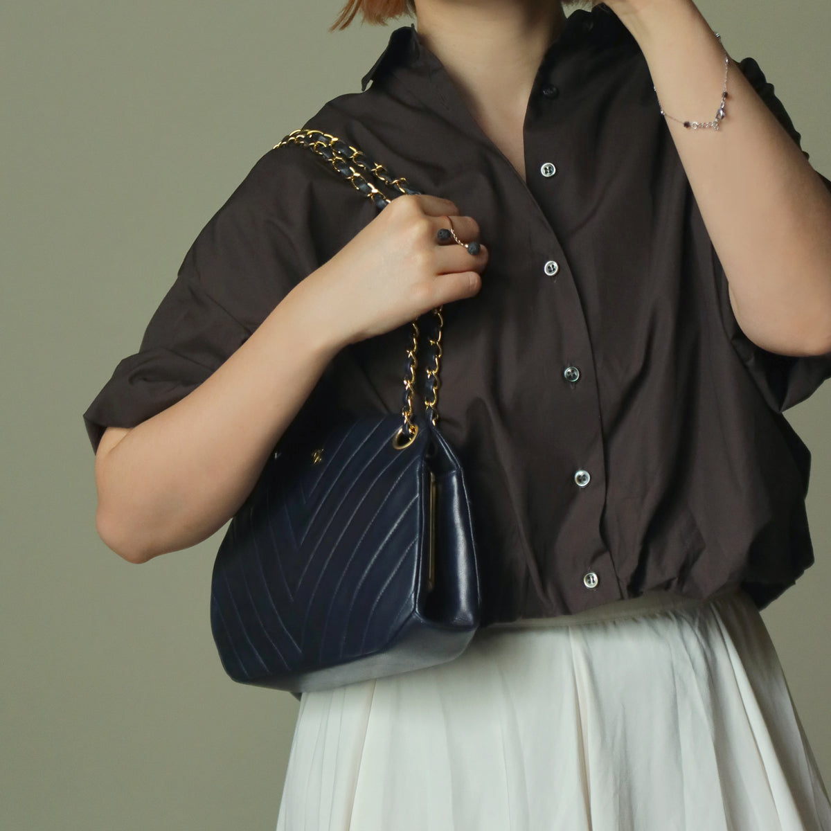 Chanel Vintage Dark Navy Lambskin Classic Chevron Quilted Kiss Lock 2way Bag
