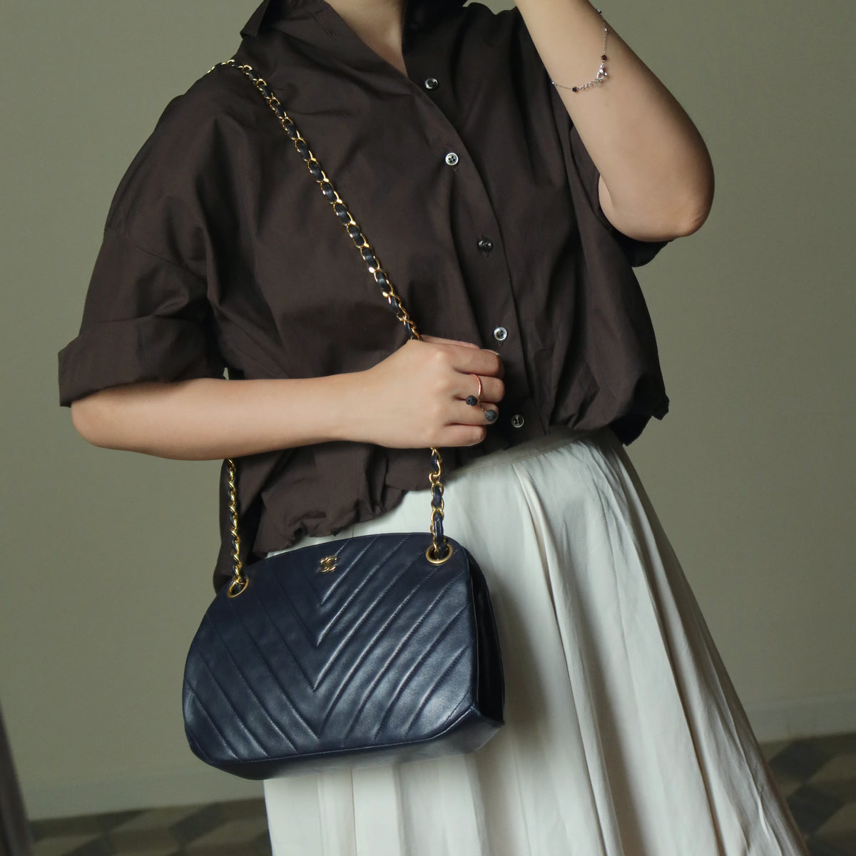 Chanel Vintage Dark Navy Lambskin Classic Chevron Quilted Kiss Lock 2way Bag