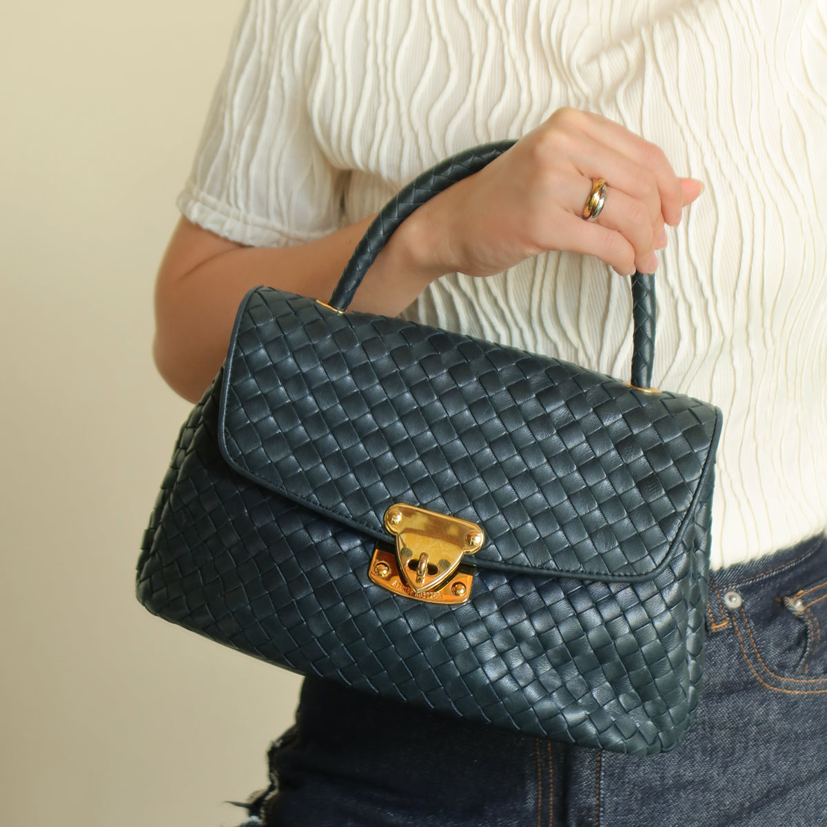 Bottega Veneta Vintage Blue Intrecciato Weave Turn Lock Top Handle Bag