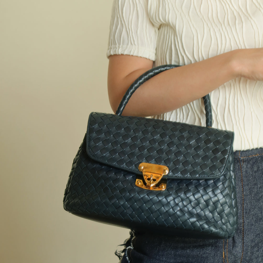 Bottega Veneta Vintage Blue Intrecciato Weave Turn Lock Top Handle Bag