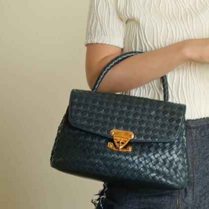 Bottega Veneta Vintage Blue Intrecciato Weave Turn Lock Top Handle Bag