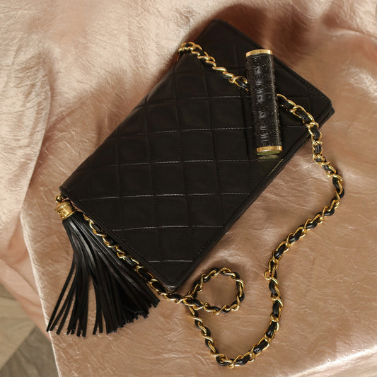 Chanel Vintage Diamond Quilted Lambskin Tassel Flap Bag