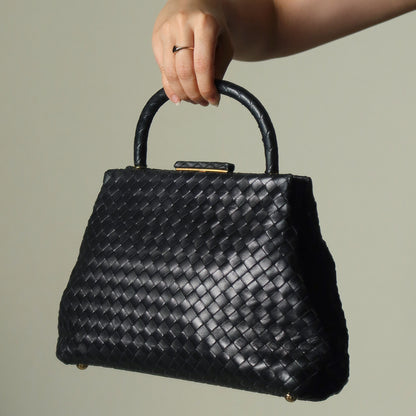 Bottega Veneta Vintage Black Leatherr Intrecciato Kiss Lock Top Handle Bag