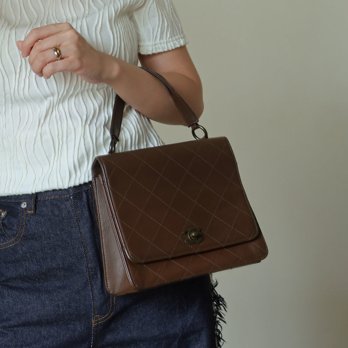 Rare Chanel Vintage Brown Matelasse CC Turn lock Bag