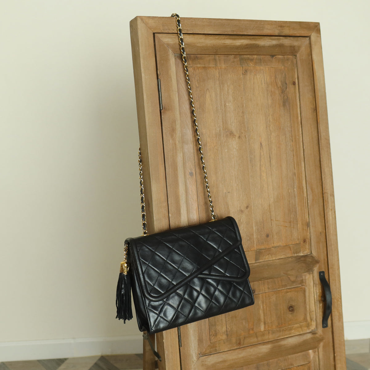 Chanel Vintage Black Matelasse Lambskin Asymmetrical Double Flap Bag with Tassel