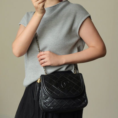Vintage Chanel Black Lambskin Matelasse CC mark Tassel charm Classic Flap Bag