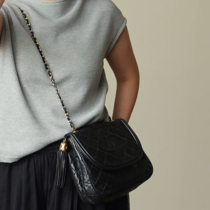 Vintage Chanel Black Lambskin Matelasse CC mark Tassel charm Classic Flap Bag