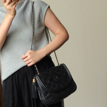 Vintage Chanel Black Lambskin Matelasse CC mark Tassel charm Classic Flap Bag