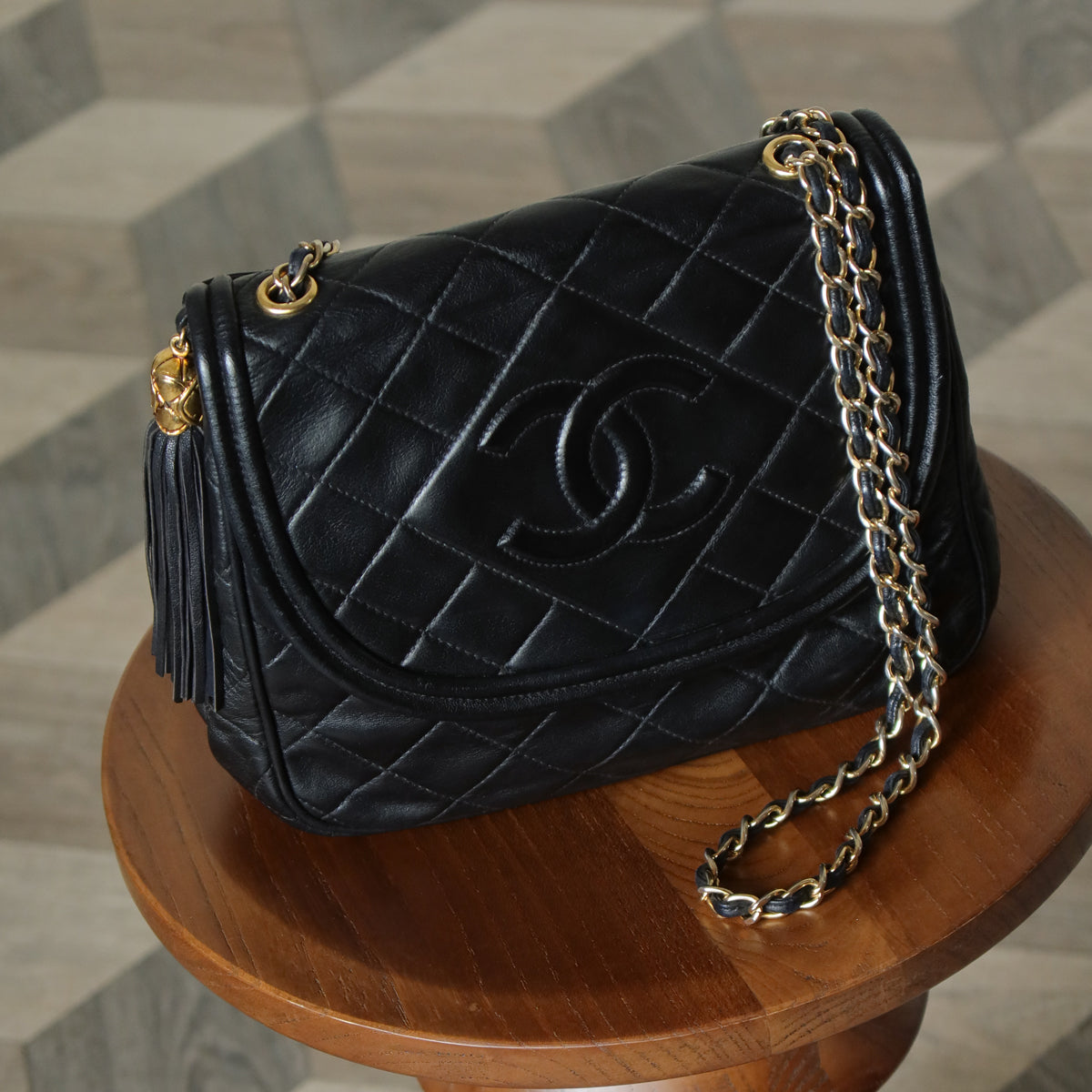 Vintage Chanel Black Lambskin Matelasse CC mark Tassel charm Classic Flap Bag