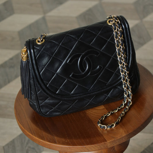 Vintage Chanel Black Lambskin Matelasse CC mark Tassel charm Classic Flap Bag